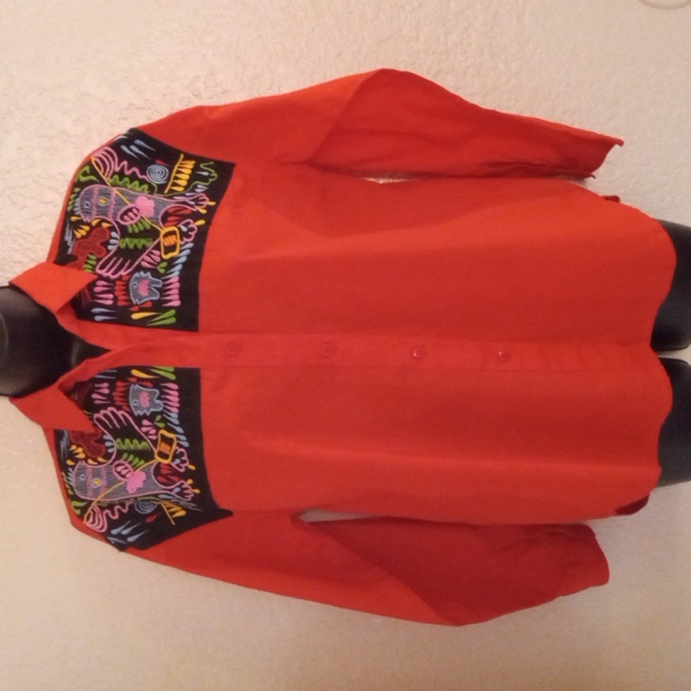 Gordon and James Folk Art Embroidered Birds Collared Shirt